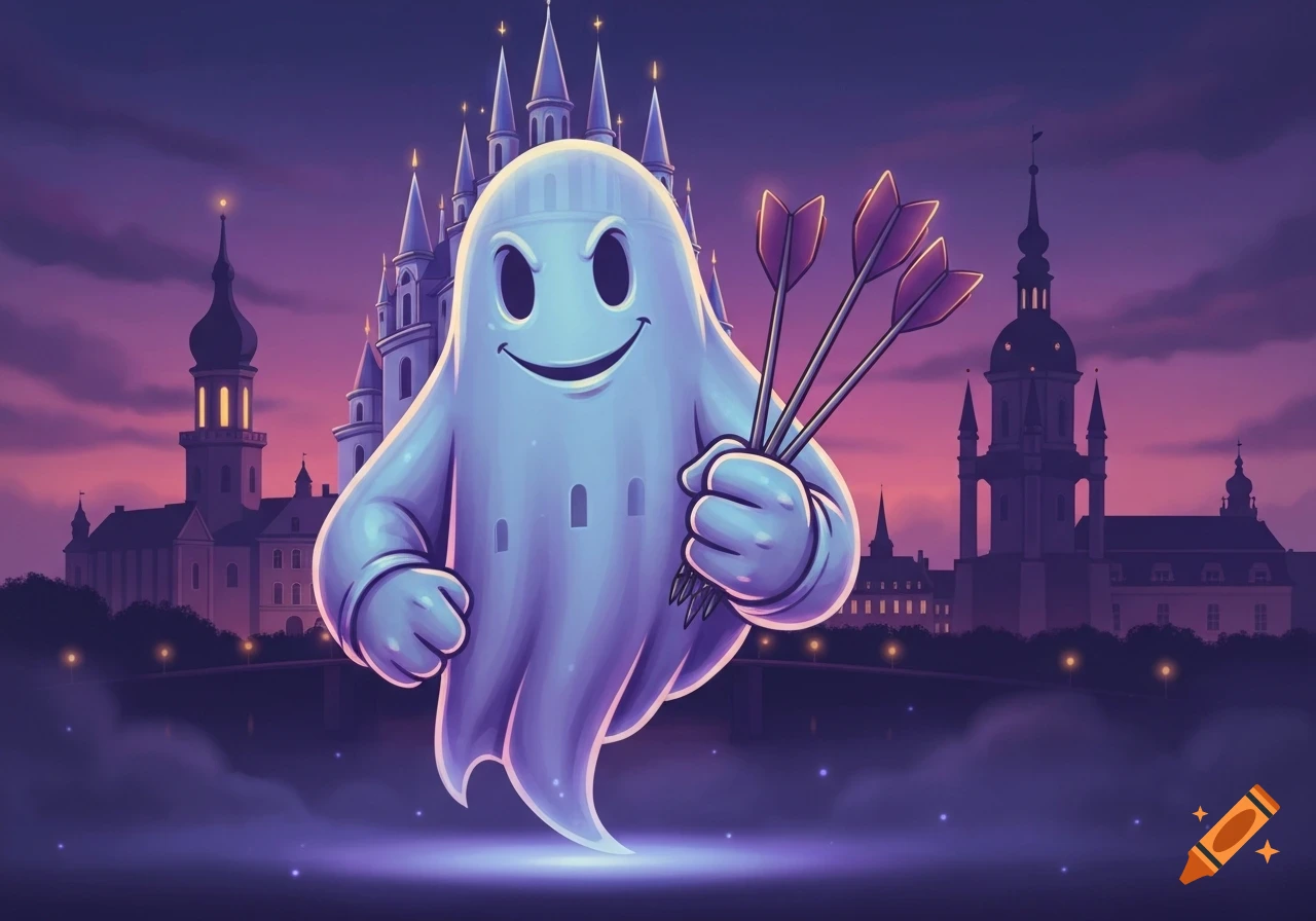 A friendly cartoon ghost mascot holding three darts, with a castle and city skyline background at night.