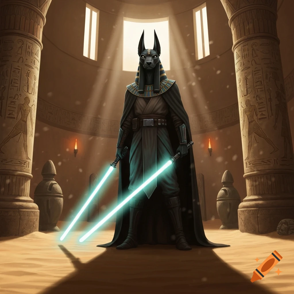 An Anubis-like figure in Jedi robes holds two blue lightsabers in an ancient Egyptian temple with hieroglyphs and light rays.