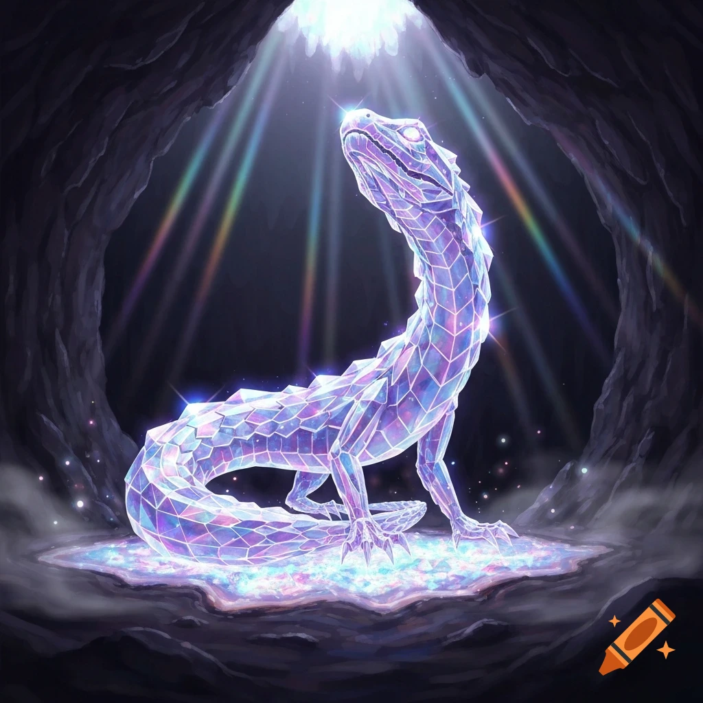 A shimmering crystal reptile stands on a glowing crystalline pool in a dark cave, illuminated by colorful light rays from above.