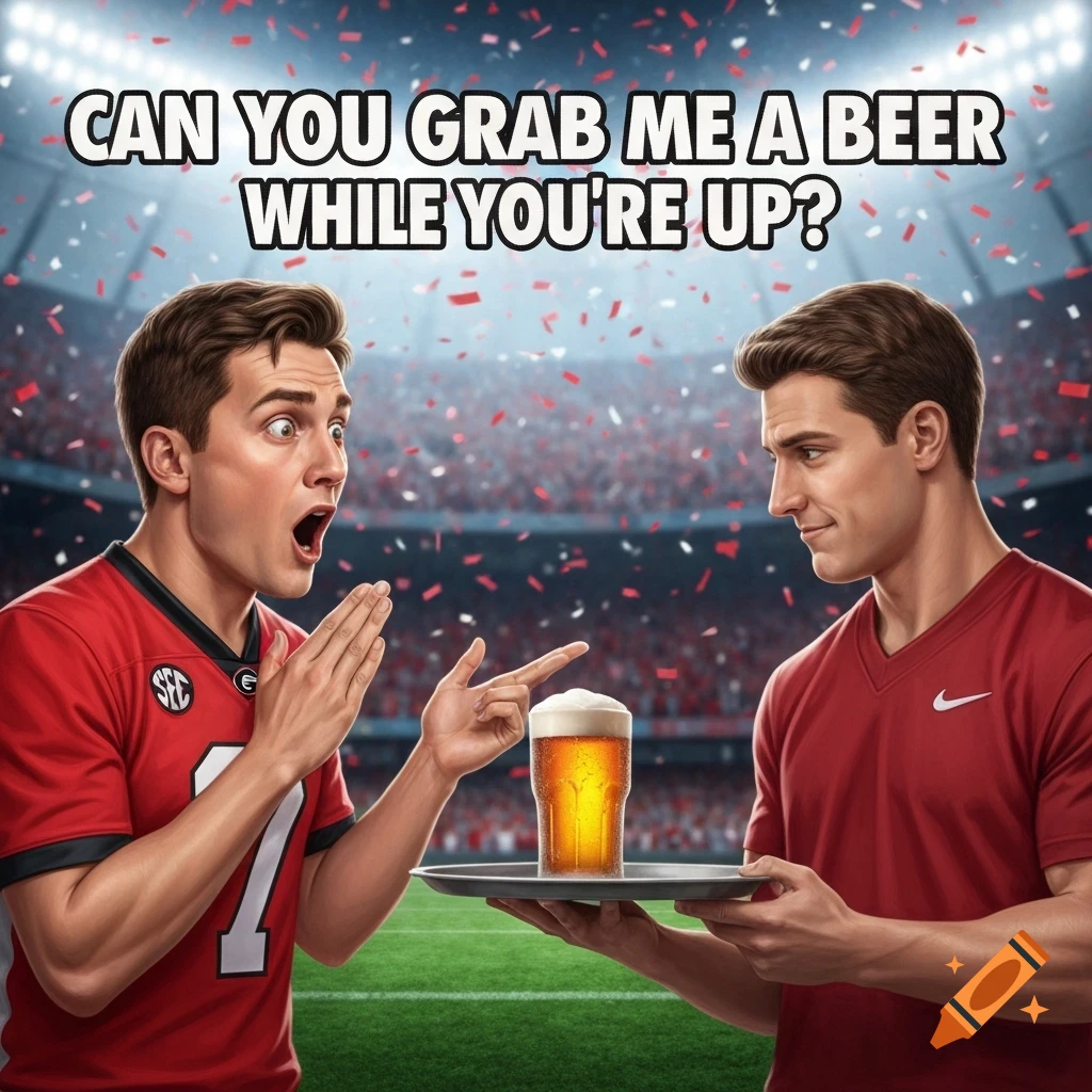 Two men in a stadium, one pointing at a beer on a tray held by the other, with text 'CAN YOU GRAB ME A BEER WHILE YOU'RE UP?'