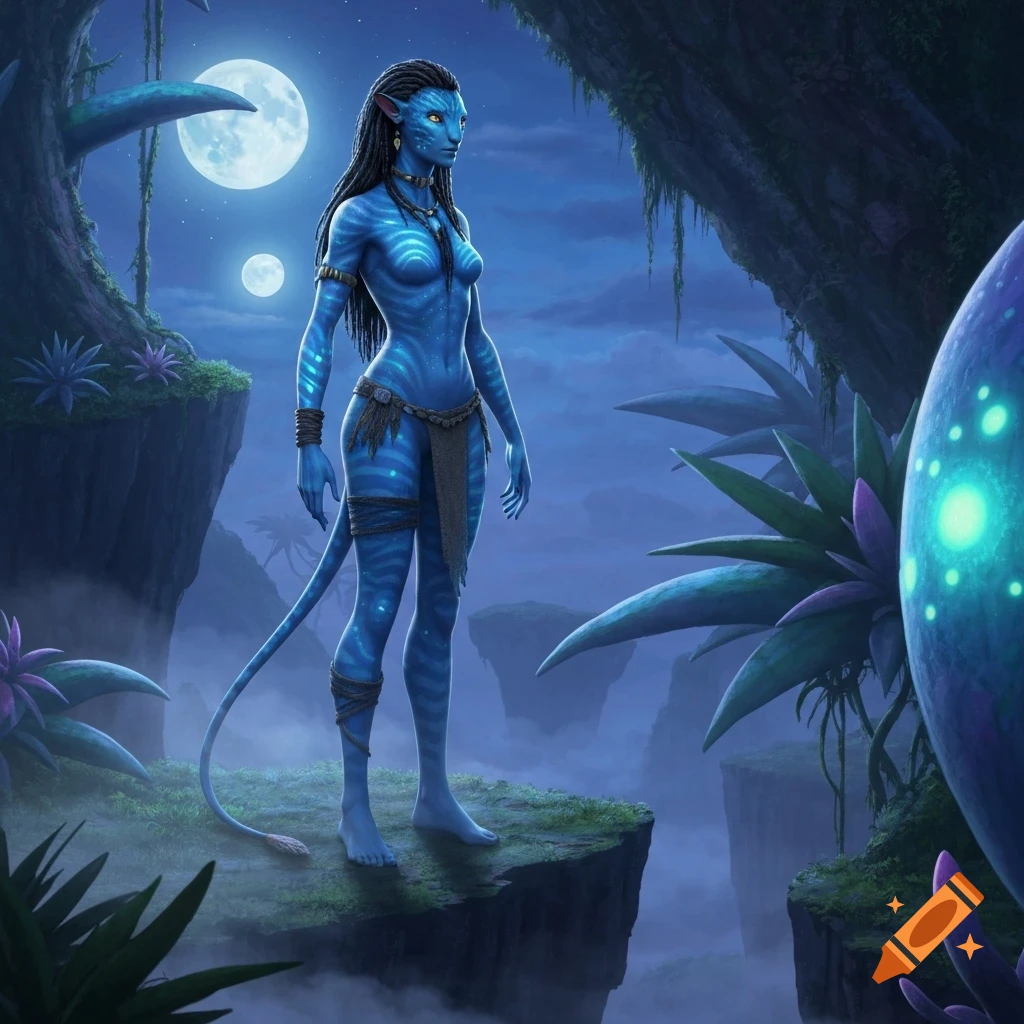 A blue-skinned Na'vi woman stands on a cliff edge in a lush alien jungle under multiple moons.