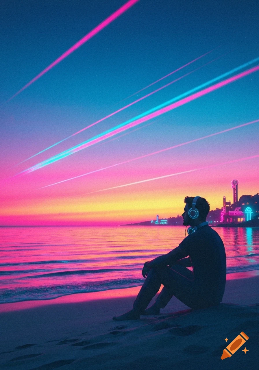 A man with glowing headphones sits on a beach, silhouetted against a vibrant pink and orange synthwave sunset over the ocean with a neon-lit city.