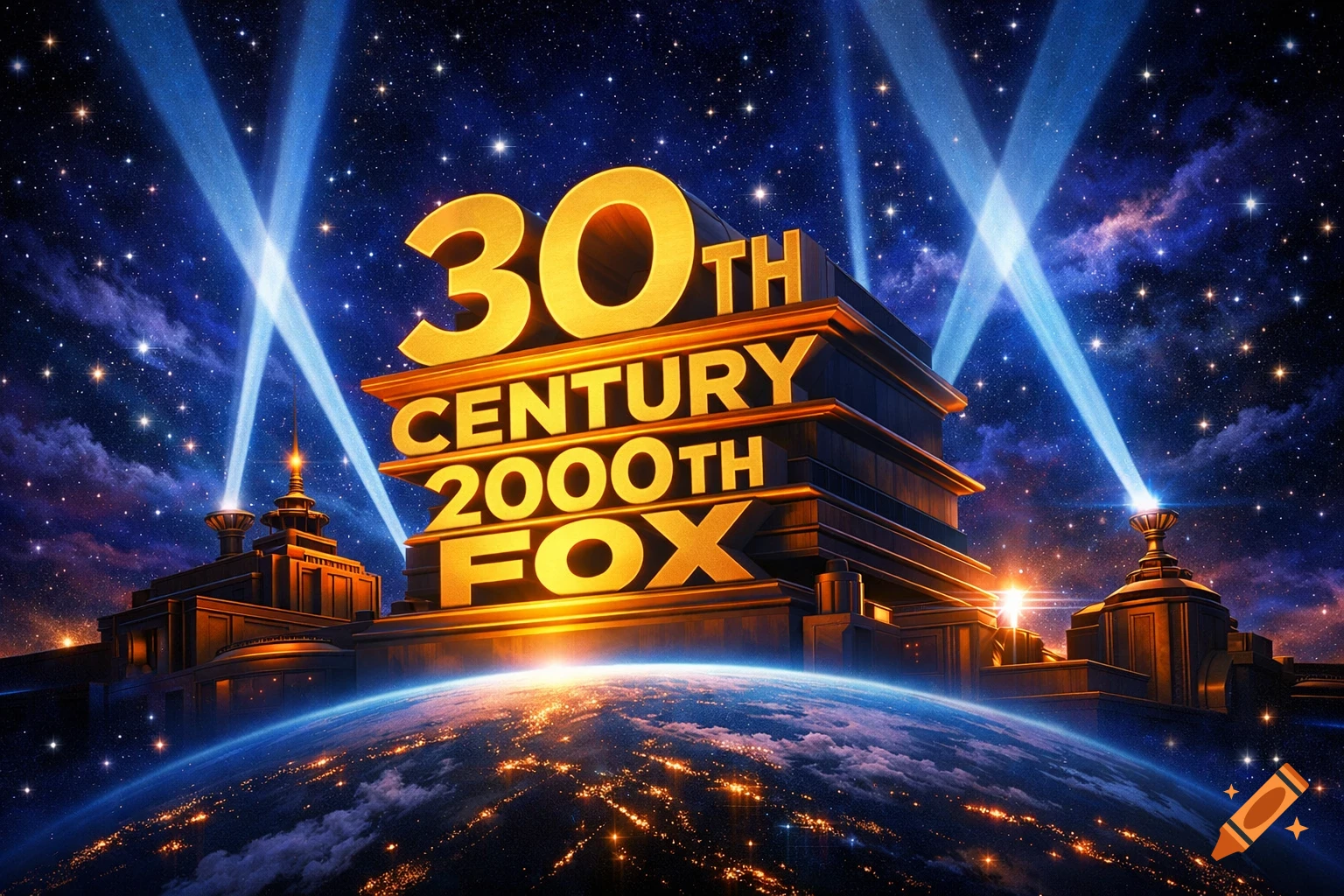A stylized golden 30th Century 2000th Fox logo resembling the 20th Century Fox logo, with searchlights, over an illuminated Earth in space.