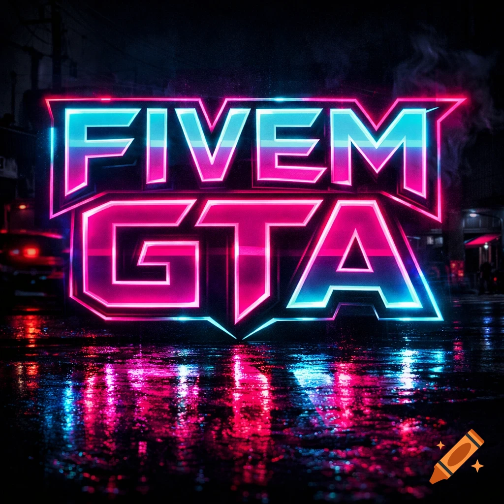 Neon logo for 'FIVEM GTA' with pink and blue glowing letters reflecting on a wet, dark city street at night.