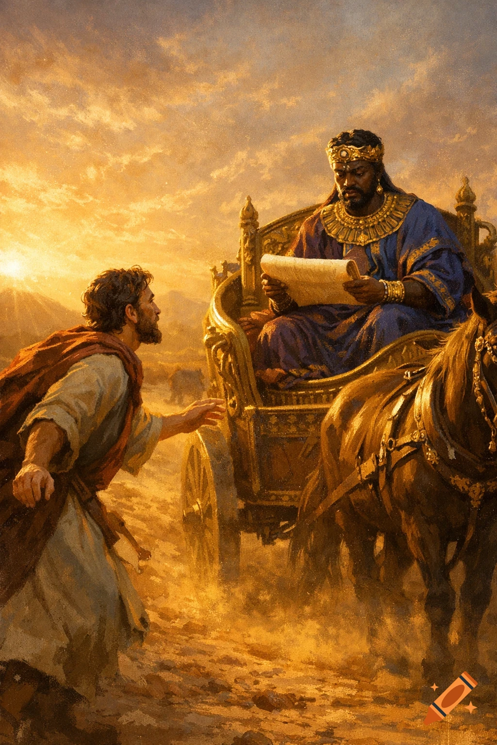 A man in simple robes reaches toward a richly dressed man in a golden chariot, reading a scroll, with horses and a desert sunset.