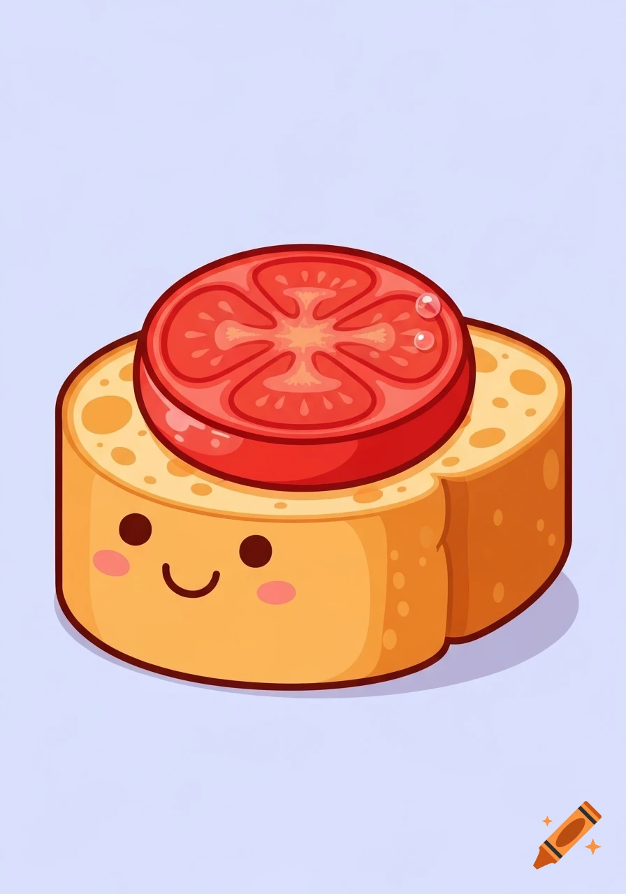 A cute, smiling cartoon slice of bread topped with a red tomato slice on a light background.