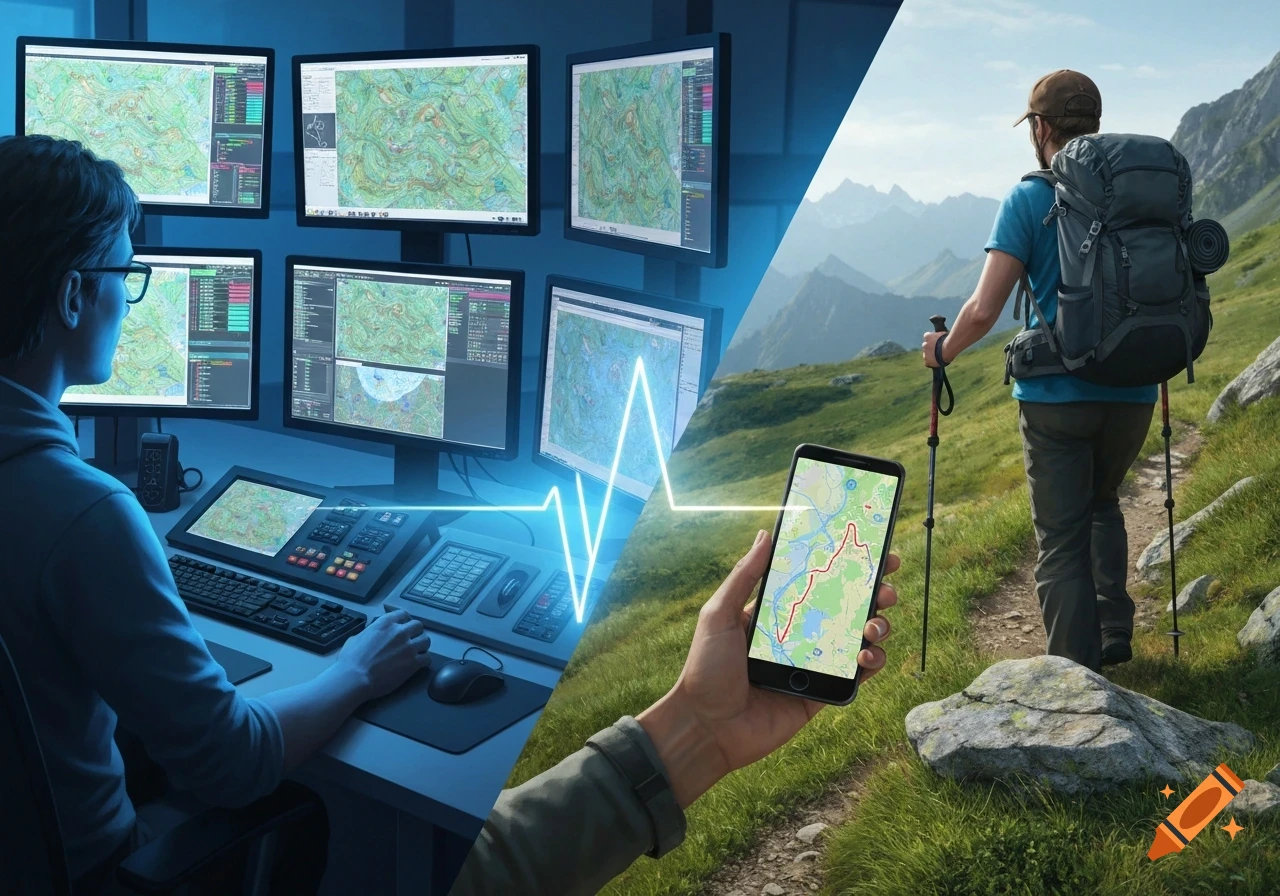 An emergency operator monitors multiple map screens while a hiker uses a phone with a map, connected by a glowing signal line.