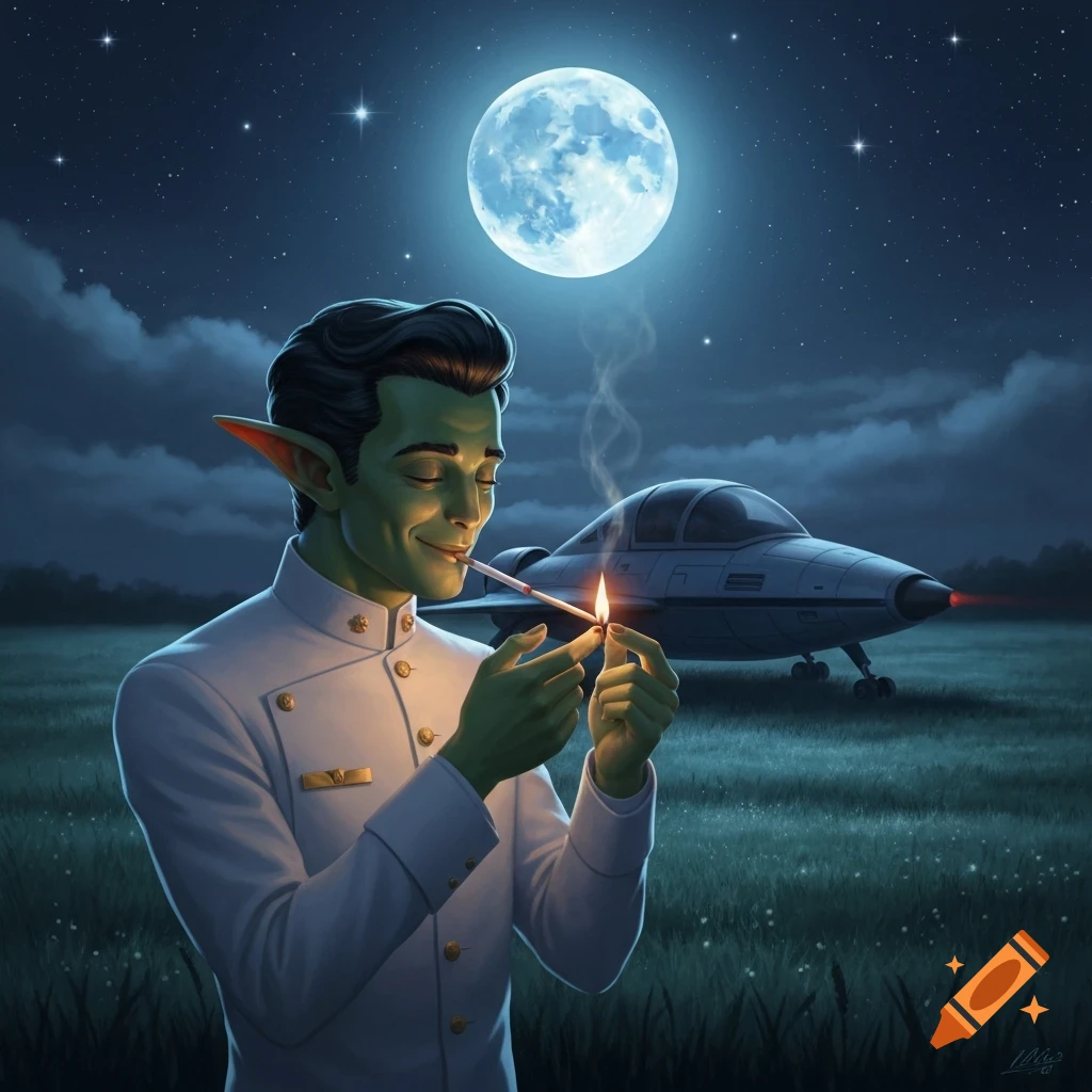 A green-skinned alien in a white uniform lights a cigarette under a bright full moon, with a spaceship in a grassy field at night.