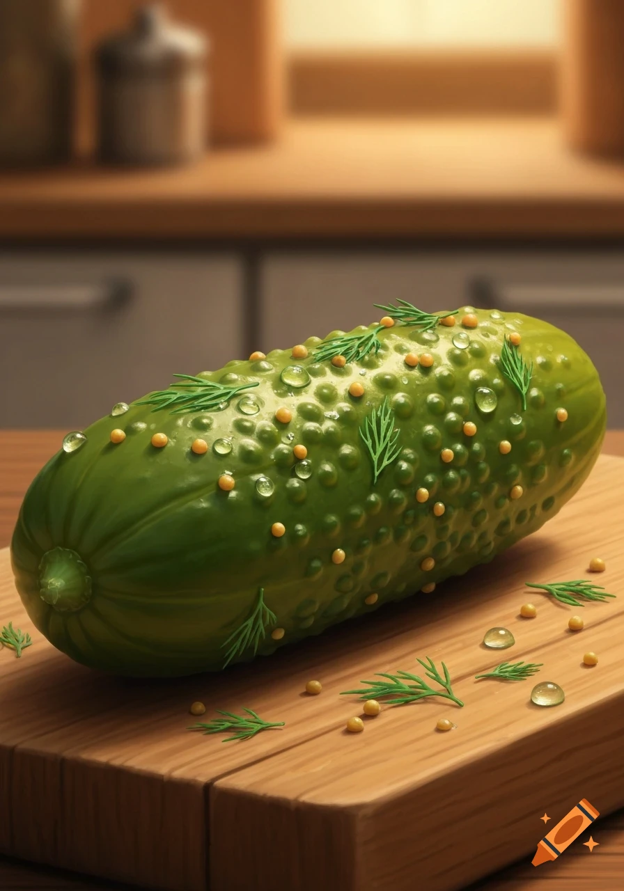 A vibrant green pickle covered in water droplets, dill, and mustard seeds rests on a wooden cutting board in a kitchen.