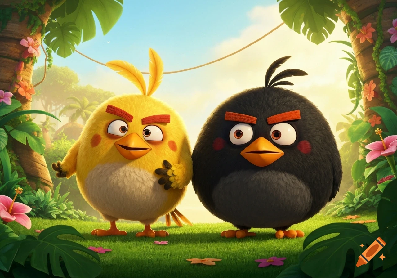 Fluffy yellow Chuck and black Bomb from Angry Birds stand on green grass in a vibrant jungle with tropical plants and flowers.