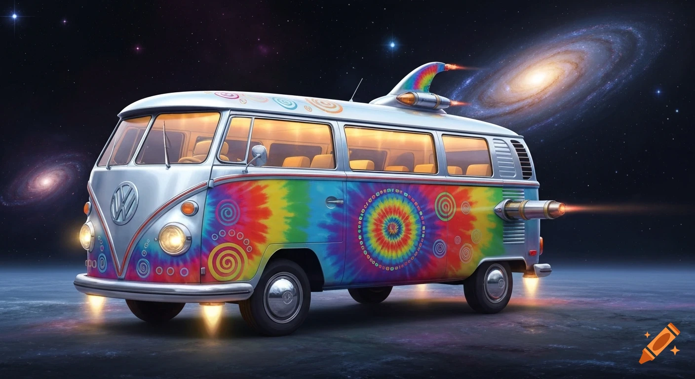 A vibrant, psychedelic Volkswagen van starship with tie-dye patterns and glowing thrusters, floating in space amidst distant galaxies.