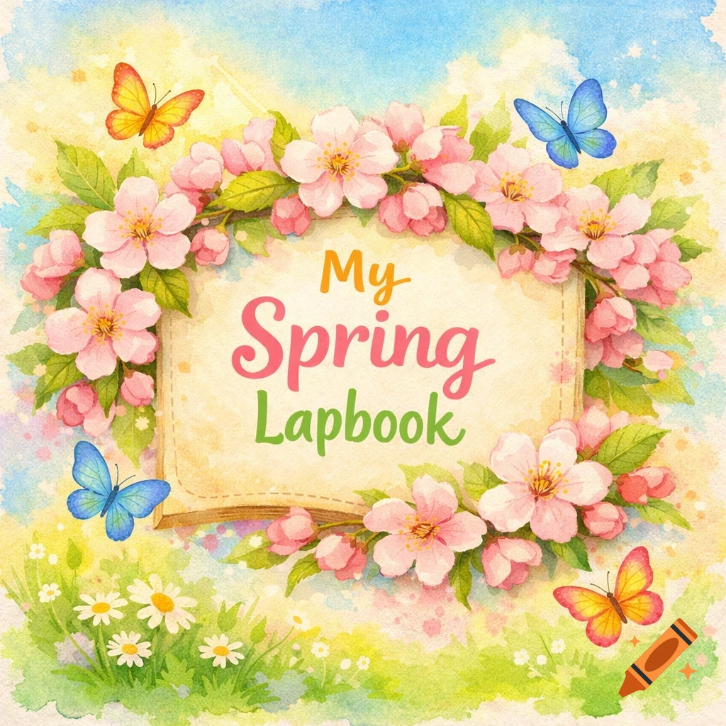 Watercolor illustration of a spring lapbook cover with pink cherry blossoms, butterflies, and the text 'My Spring Lapbook'.