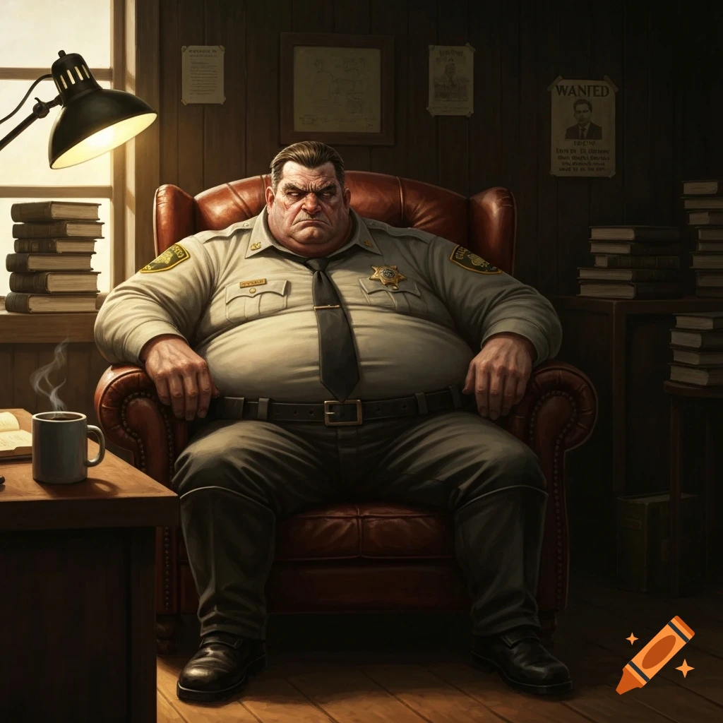 A heavily built, gruff sheriff with an angry expression sits in a leather armchair in a dimly lit office filled with books.
