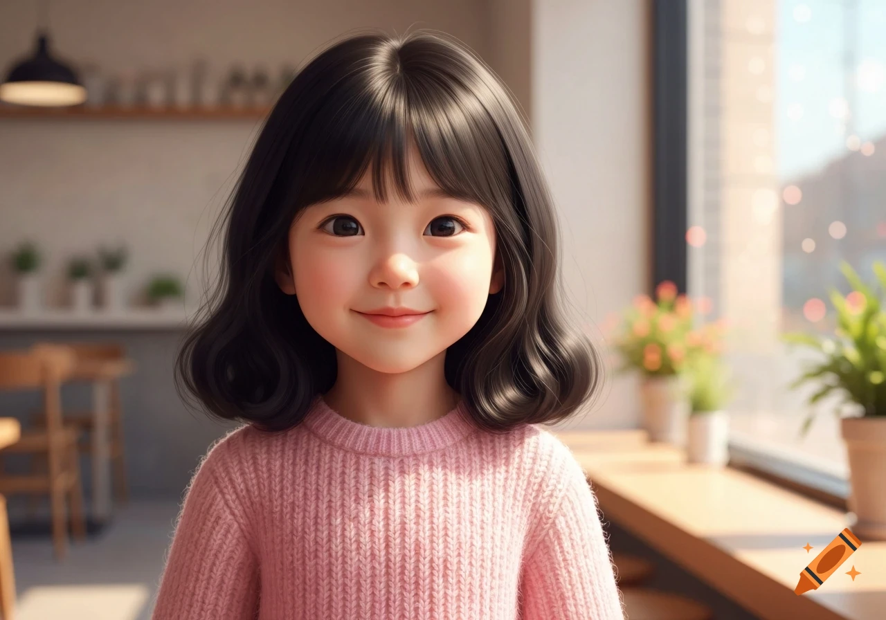 A smiling young girl with dark hair and a pink sweater in a brightly lit indoor setting, photorealistic style.