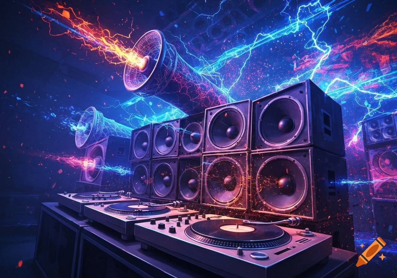 DJ turntables and stacked speakers in a vibrant, neon-lit room with electric blue and orange energy streams.