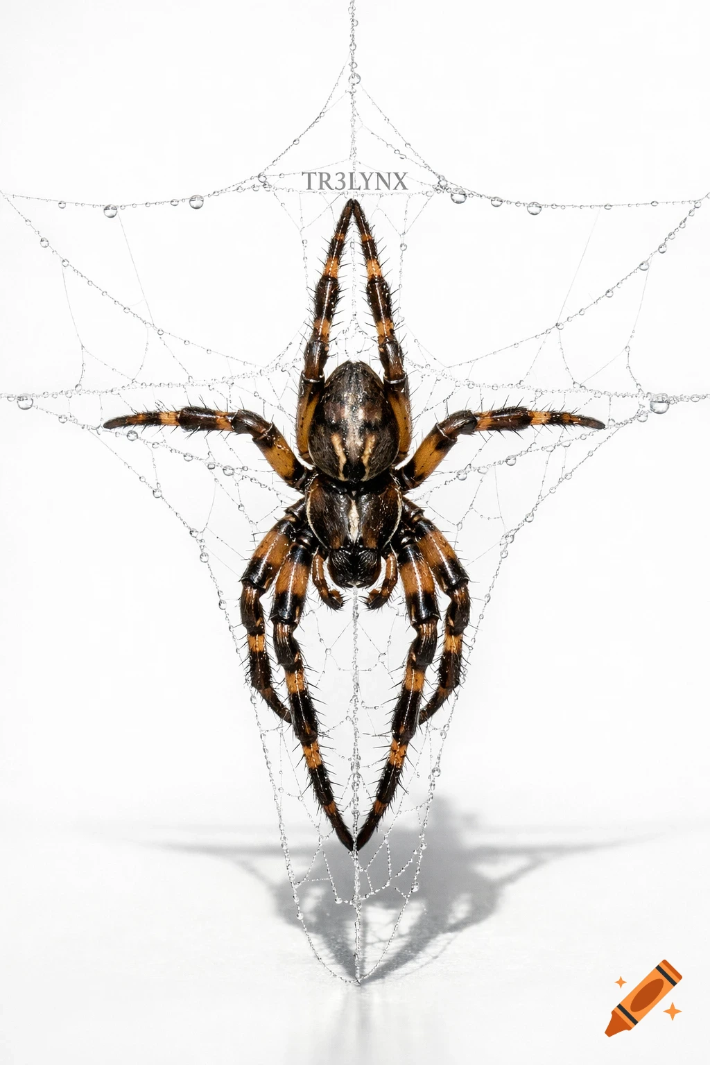 Hyper-realistic macro photography of a brown and black spider on a dew-covered web, against a white background.