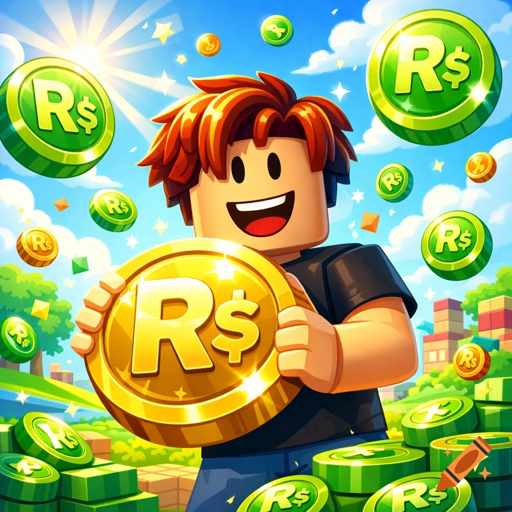 A happy Roblox character holds a giant gold 'R$' coin, with green 'R$' coins and blocks under a sunny blue sky, cartoon style.