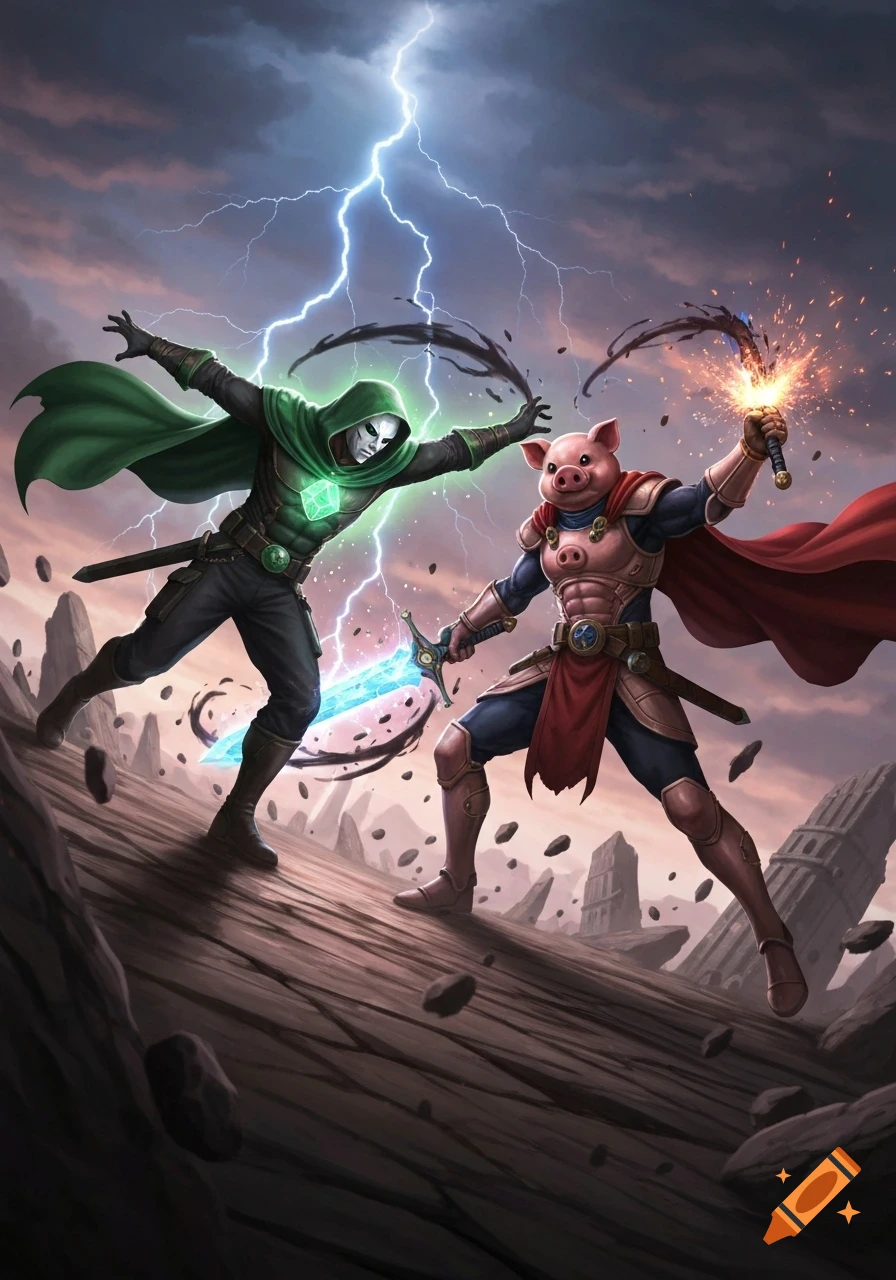 A fantasy illustration of a masked, hooded figure with green energy fighting a pig-headed warrior with a glowing sword amid lightning and flying rocks.