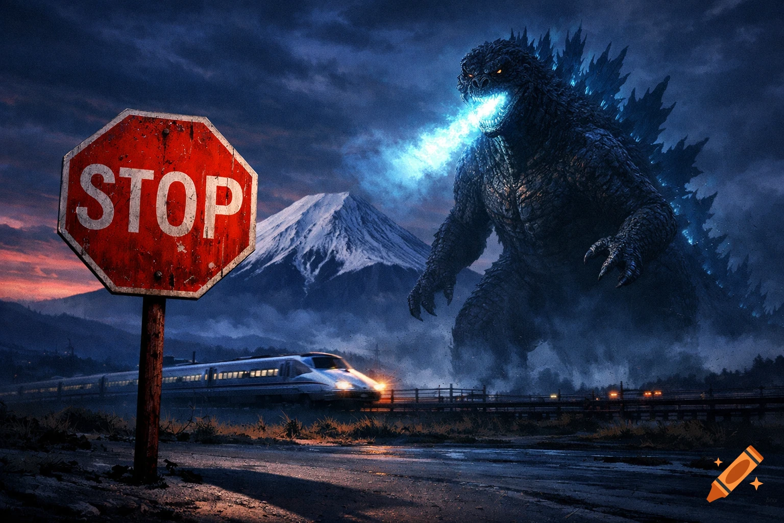 Colossal Godzilla breathing blue fire behind a stop sign, with Mt. Fuji and a Shinkansen train under a stormy sky.