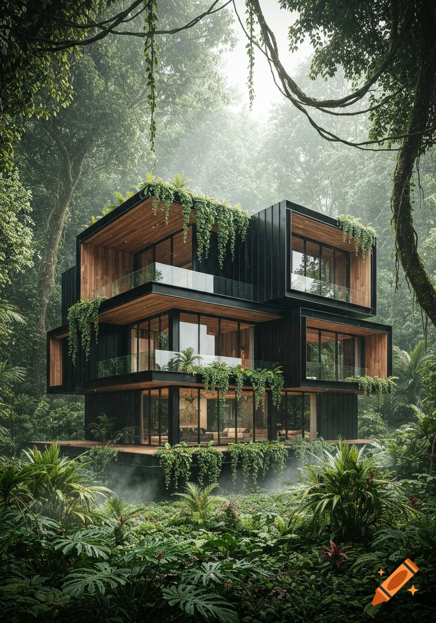 A sleek, luxury futuristic mansion with black metal, wood, and glass amidst a dense tropical rainforest jungle.