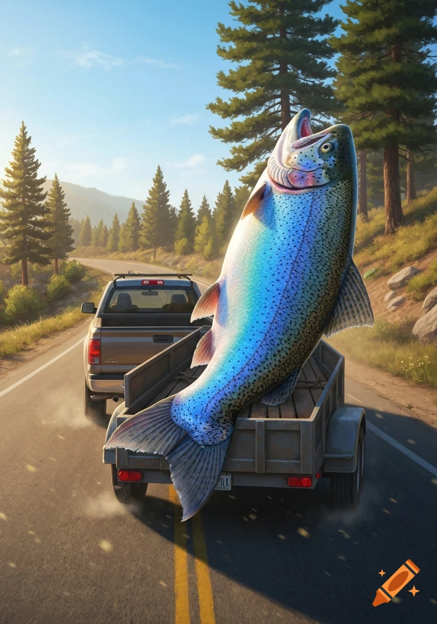 A massive, iridescent rainbow trout lies in a trailer pulled by a pickup truck on a winding road through a sunlit forest.