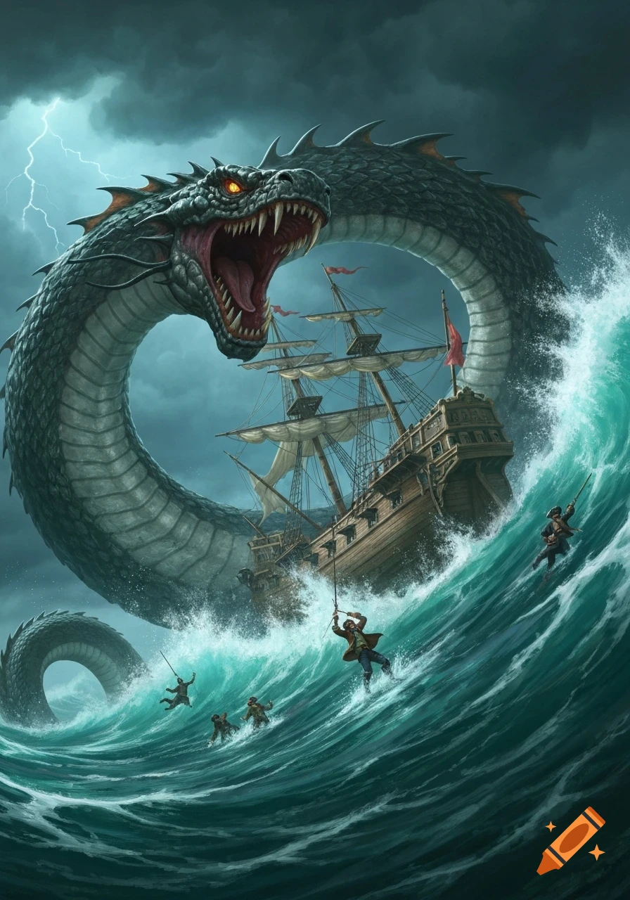 A massive, scaly sea serpent with glowing eyes attacks a wooden pirate ship in a stormy, turbulent sea, as pirates fall into the crashing waves. Lightning flashes in the dark sky.