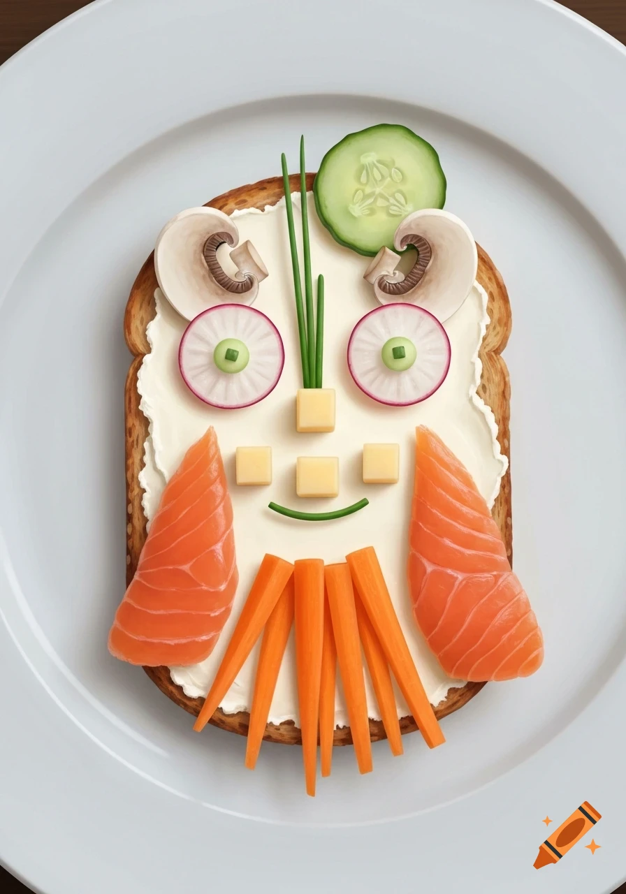 A whimsical food art face made from toast with cream cheese, radish eyes, mushroom ears, salmon cheeks, carrot beard, chive hair, and a cucumber hat on a white plate.
