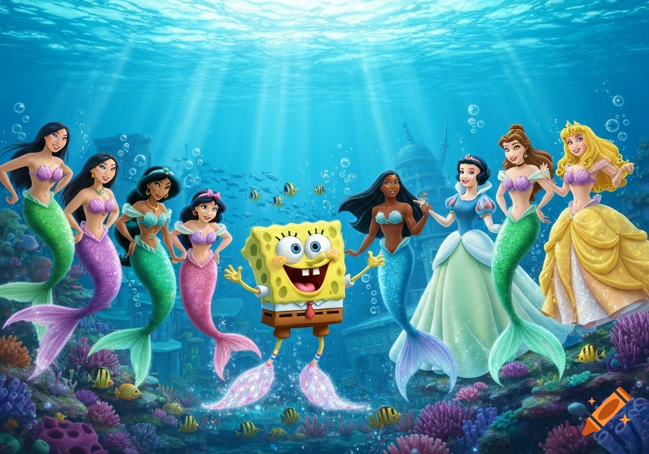 SpongeBob SquarePants stands underwater with multiple Disney princesses depicted as mermaids, some still wearing dresses, surrounded by coral and fish.