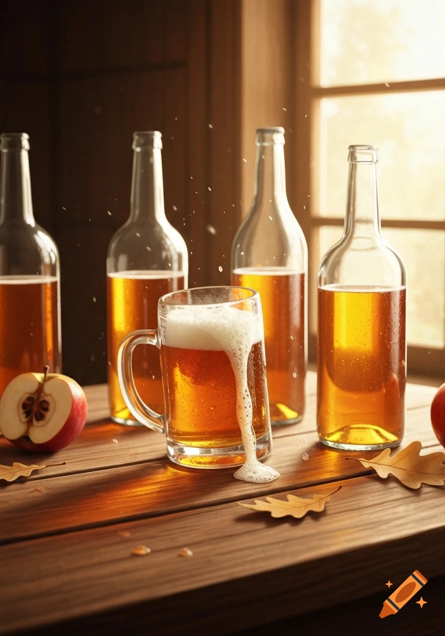Photorealistic image of a foamy mug of hard cider overflowing onto a wooden table, surrounded by bottles, a cut apple, and autumn leaves.