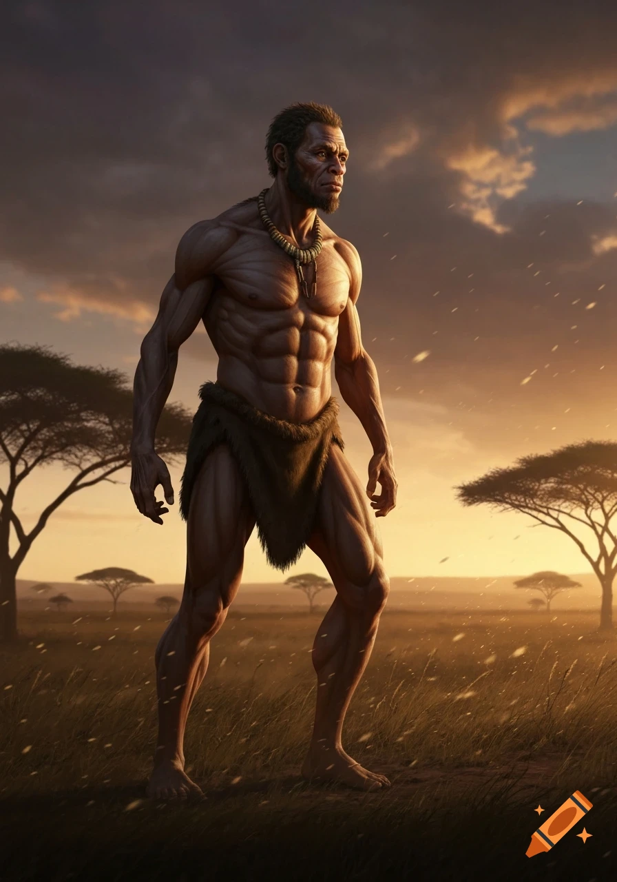 A muscular Homo Erectus man in a savanna at sunset, wearing a loincloth and necklace, looking to the right.