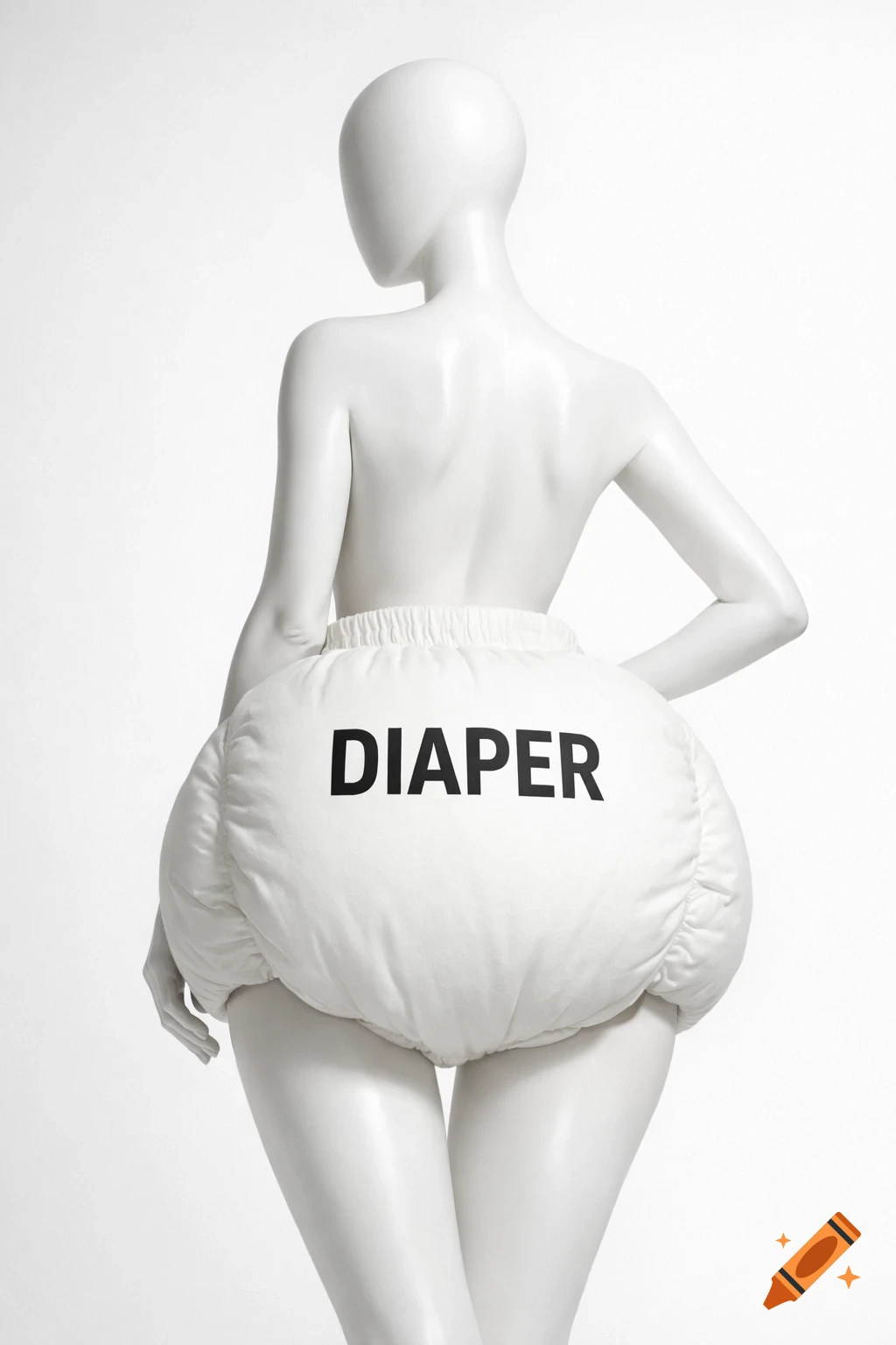 White faceless mannequin from behind wearing a large white padded diaper with "DIAPER" written on the back.