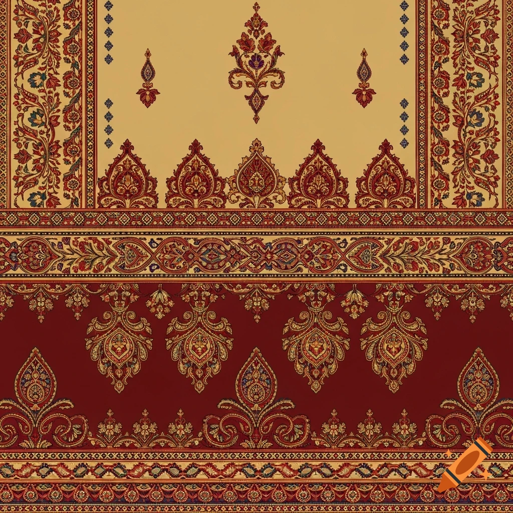 Elaborate textile pattern with red, gold, and cream paisley and floral motifs.