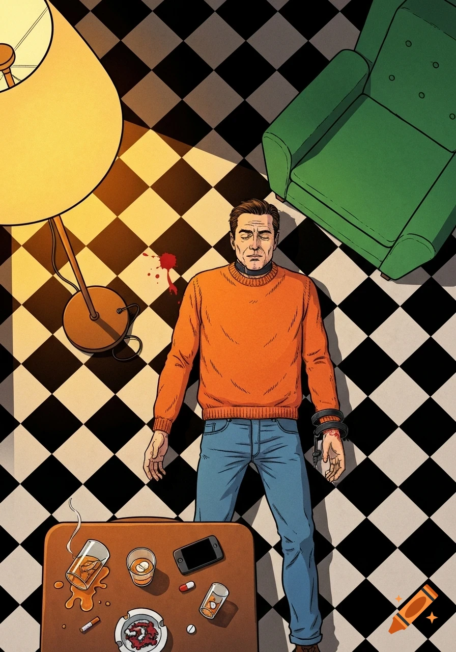 Overhead comic book view of a man in an orange sweater and jeans lying dead on a black and white tiled floor, next to spilled drinks, pills, and an ashtray.