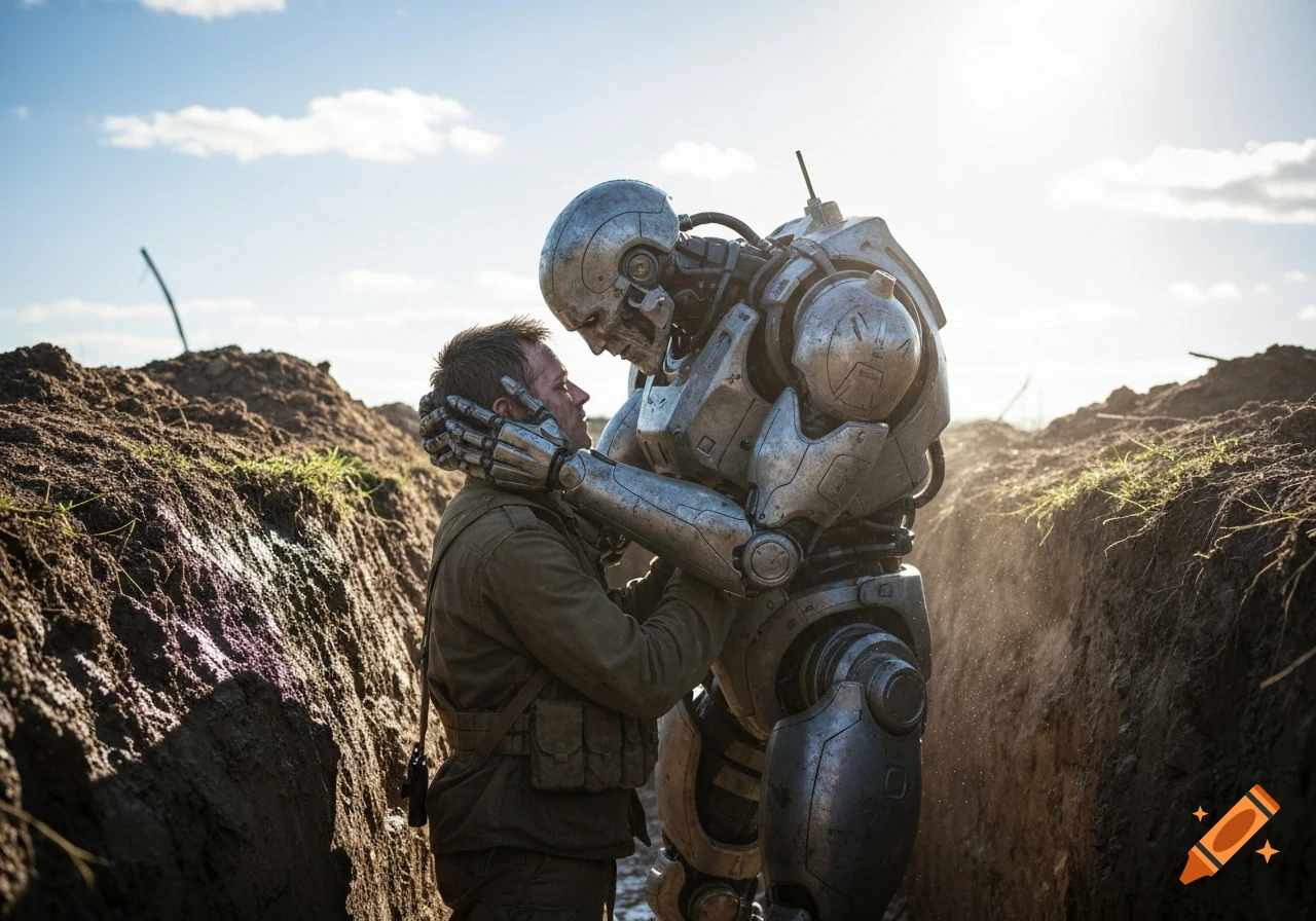 A photorealistic image of a soldier being intimately embraced by a metallic war robot in a muddy trench under a sunny sky.