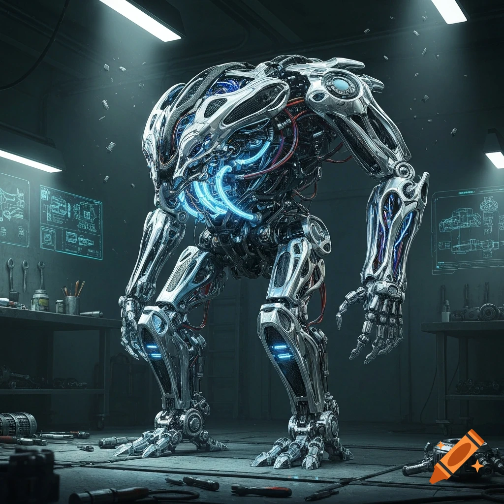 A large, metallic exoskeleton with glowing blue lights stands in a dimly lit, futuristic workshop filled with tools and schematics.