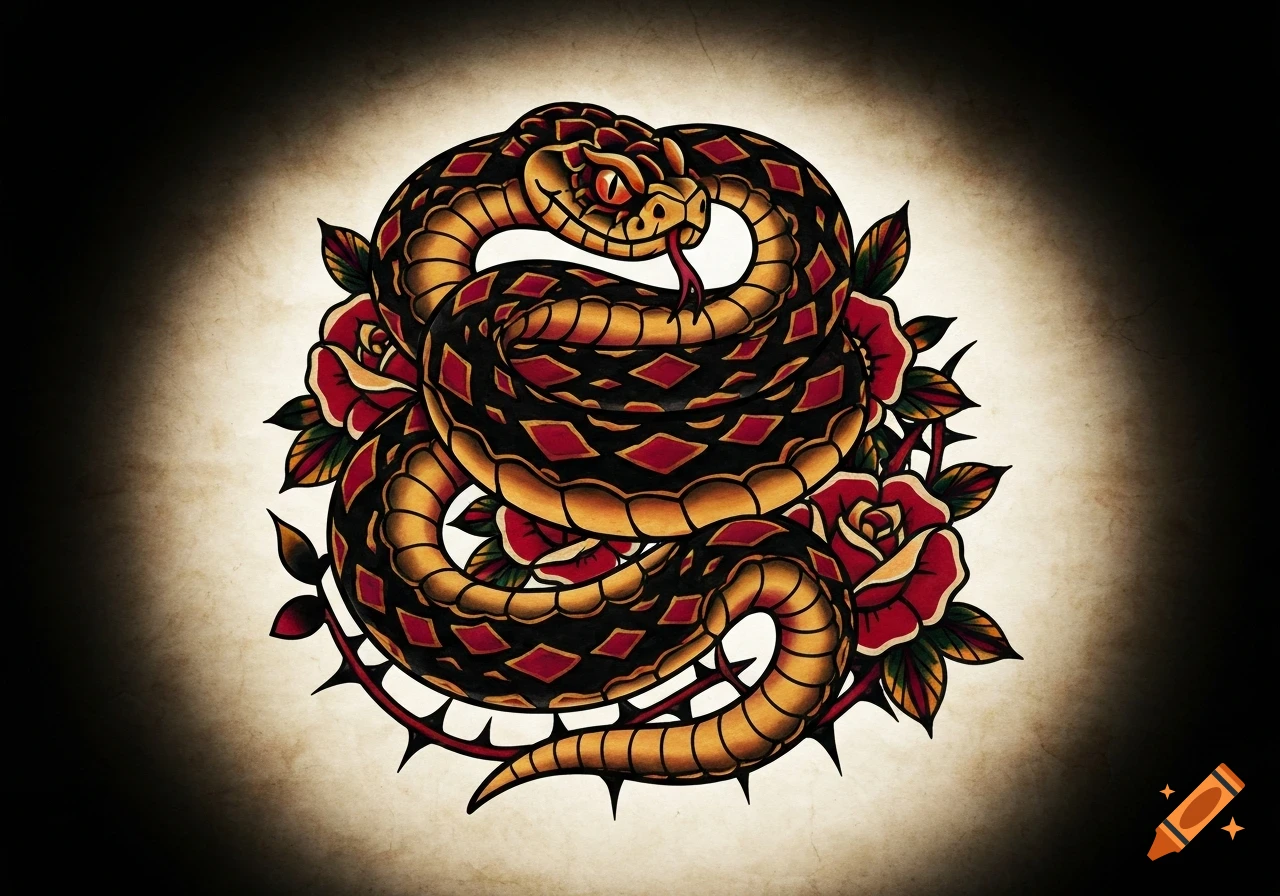 Traditional tattoo style illustration of a coiled rattlesnake surrounded by red roses and thorns on a faded background.