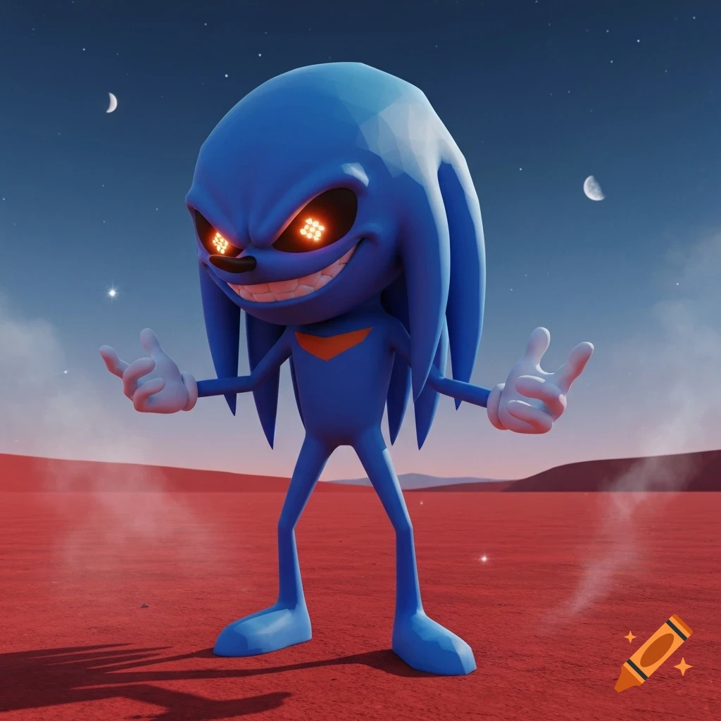A menacing blue, bulbous-headed character with glowing red eyes and a wide grin, resembling Knuckles, stands on a red planet.