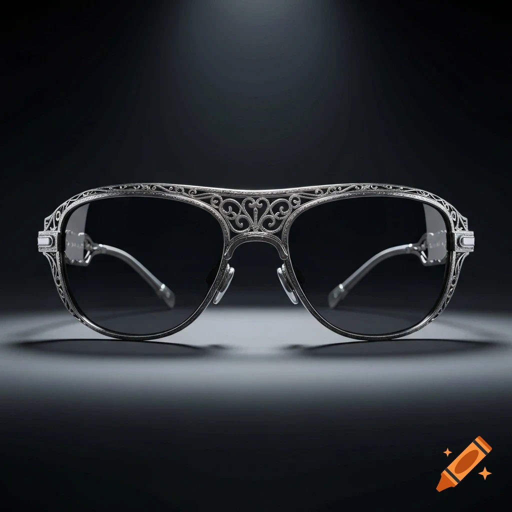 Ornate silver aviator sunglasses with intricate filigree patterns on the frame, dramatically lit against a dark background.