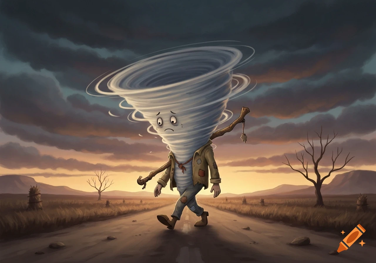 A sad-faced cartoon tornado character, dressed as a hobo, walks alone on a dirt road through a desolate field at sunset with stormy clouds.
