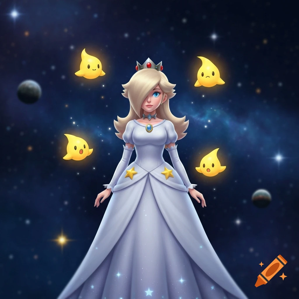 Princess Rosalina in a white gown stands in space, surrounded by several yellow Lumas and distant planets, in a digital art style.