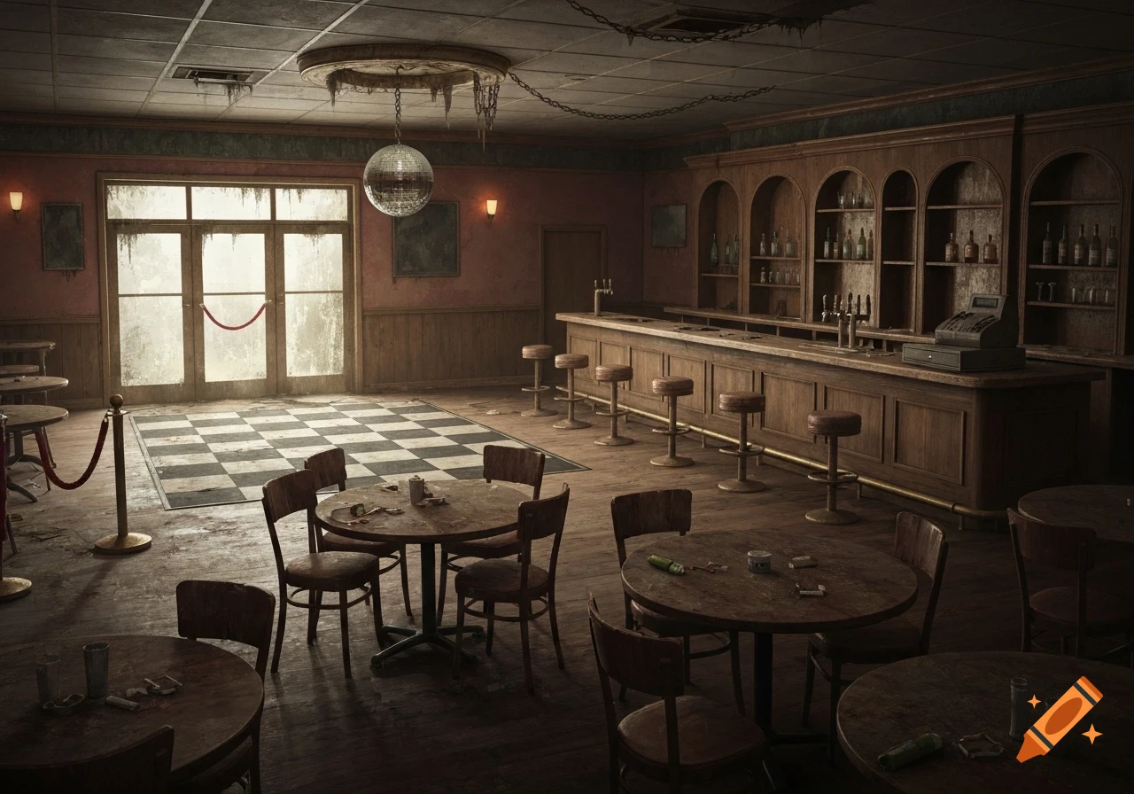 An abandoned, dusty 1970s bar with a disco ball, checkerboard dance floor, bar stools, and round tables.