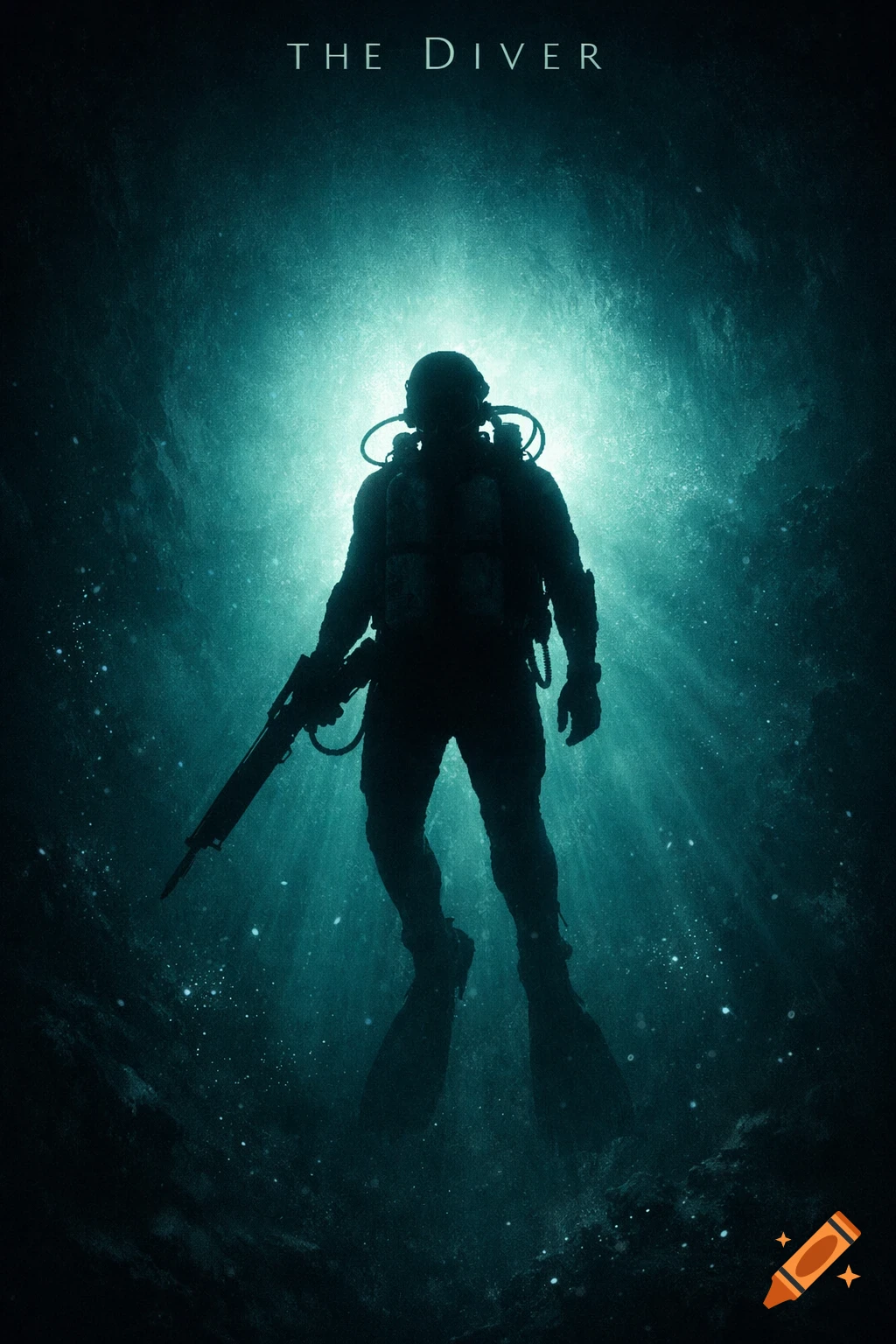 A silhouette of a diver with a harpoon, mask, and oxygen tanks, illuminated by a mysterious light from above in dark water. Title: THE DIVER.