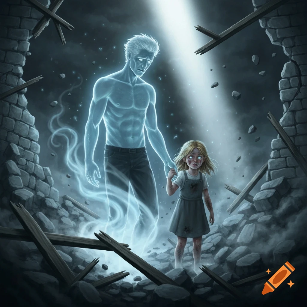 A glowing blue ghost of a man holds the hand of a pale, sad-looking little girl with white eyes, standing in dark rubble under a beam of light.