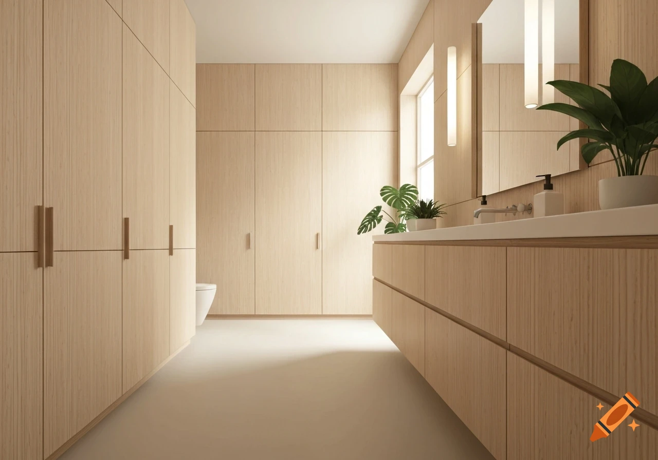 A modern bathroom with light wooden paneled walls and cabinetry, a white toilet, and a vanity with a sink, mirror, and potted plants.