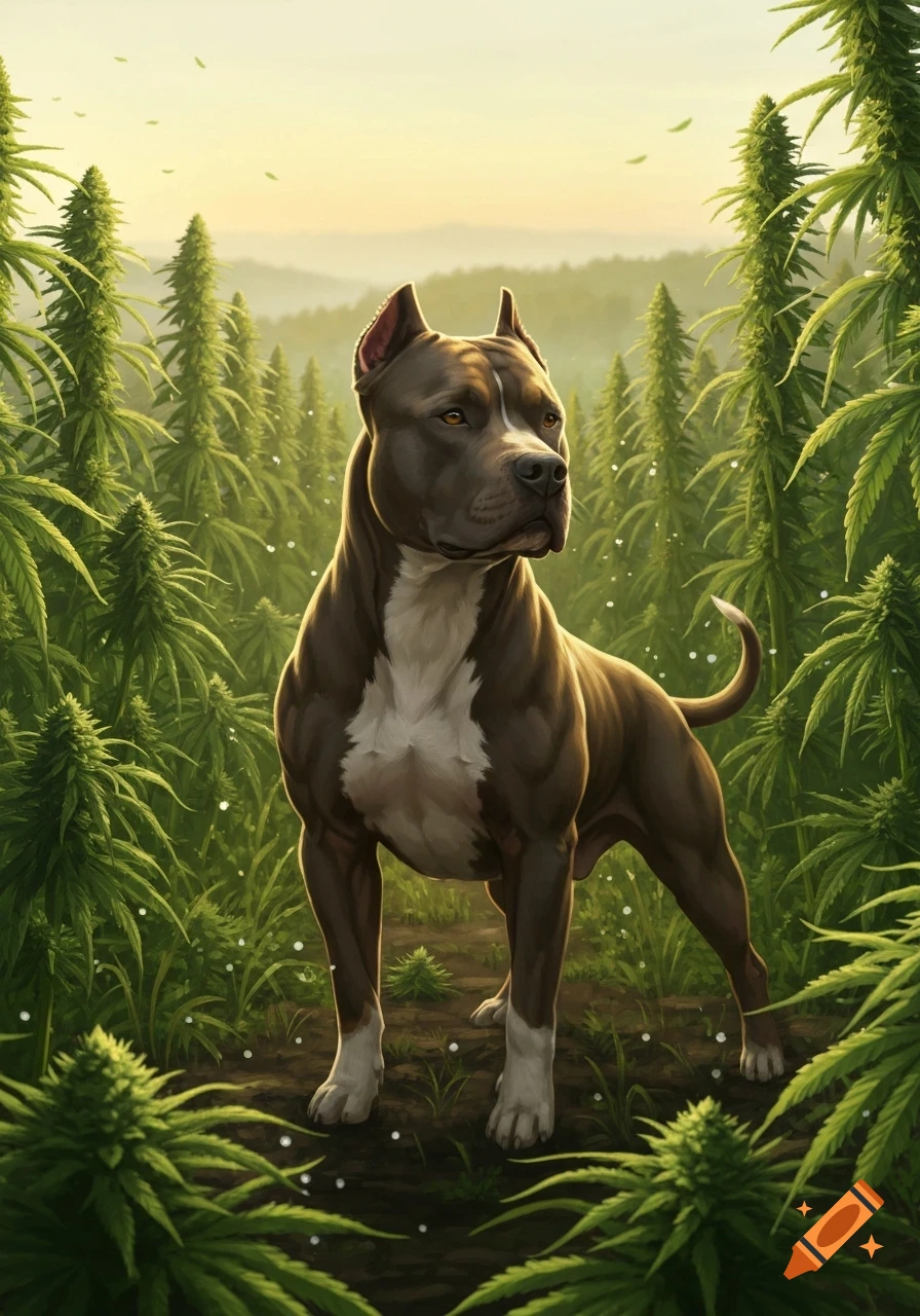 A powerful brown and white Pitbull stands in a lush green field of cannabis plants under a golden sky.