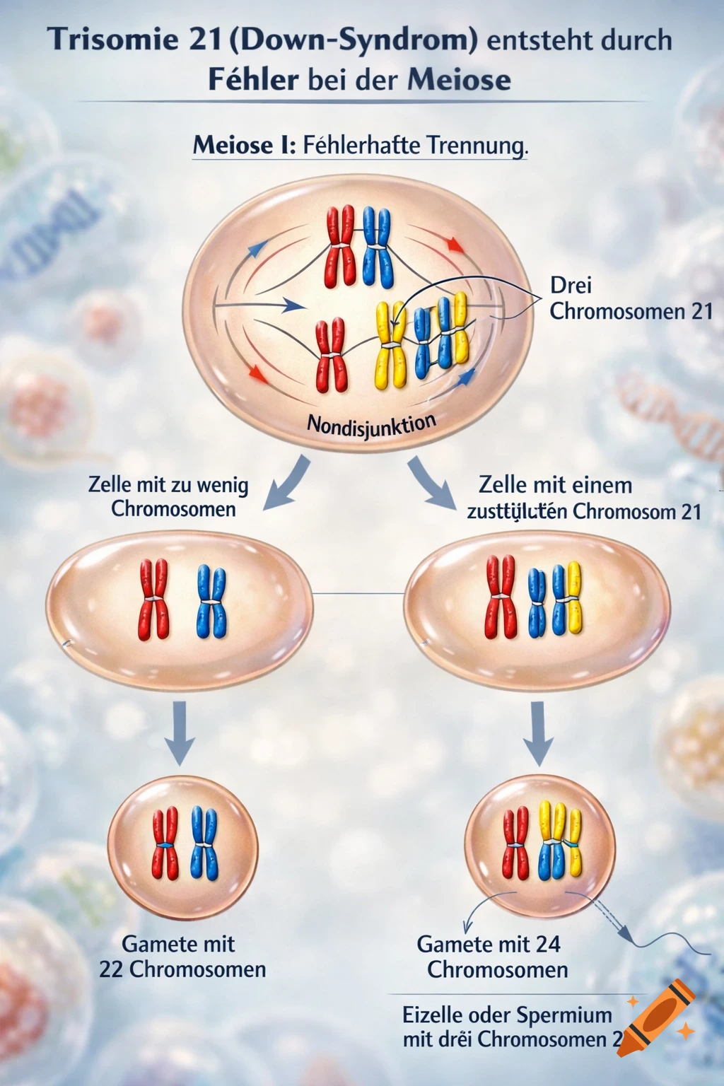 Scientific diagram illustrating the formation of Trisomy 21 (Down Syndrome) due to nondisjunction during meiosis, with German labels.