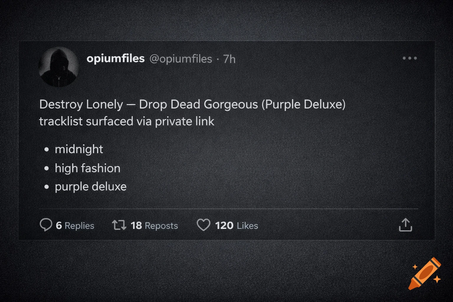 A dark mode screenshot of an X (Twitter) post from @opiumfiles about a Destroy Lonely tracklist, with text and UI elements.