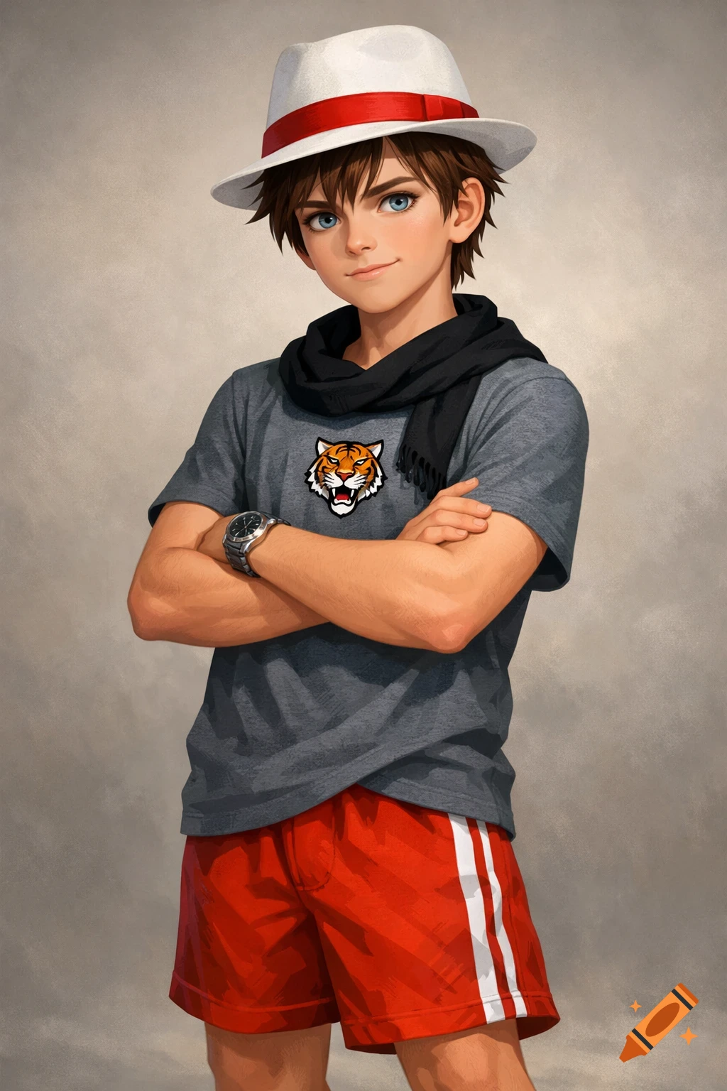 An anime male teenager with brown hair and blue eyes, wearing a white fedora, black scarf, gray t-shirt with tiger logo, red shorts, and a silver watch, stands with arms crossed.