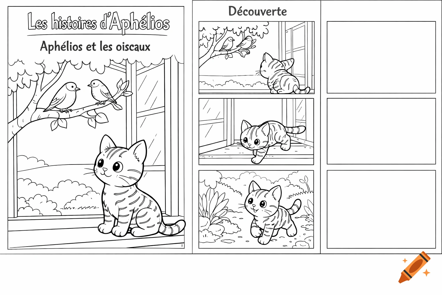 Black and white cartoon coloring page with a cat, birds, and comic panels. Titles are "Les histoires d’Aphélios" and "Aphélios et les oiseaux".