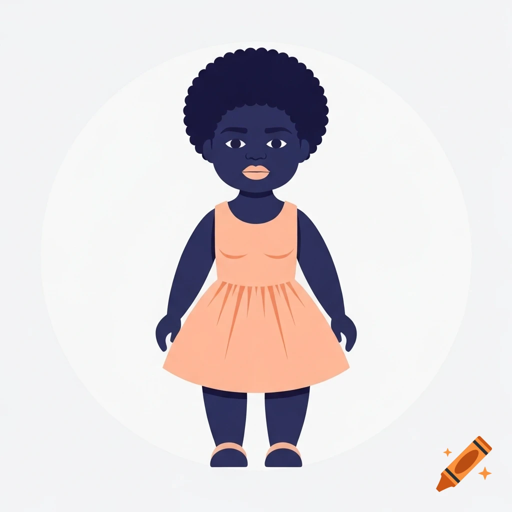 Illustration of a dark-skinned doll with an afro wearing a peach-colored dress, standing on a white circular background.